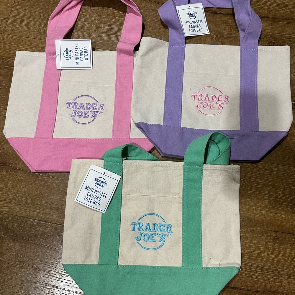 3 Mini Trader Joe’s Canvas Tote Bags Pastel- Pink, Purple, Green